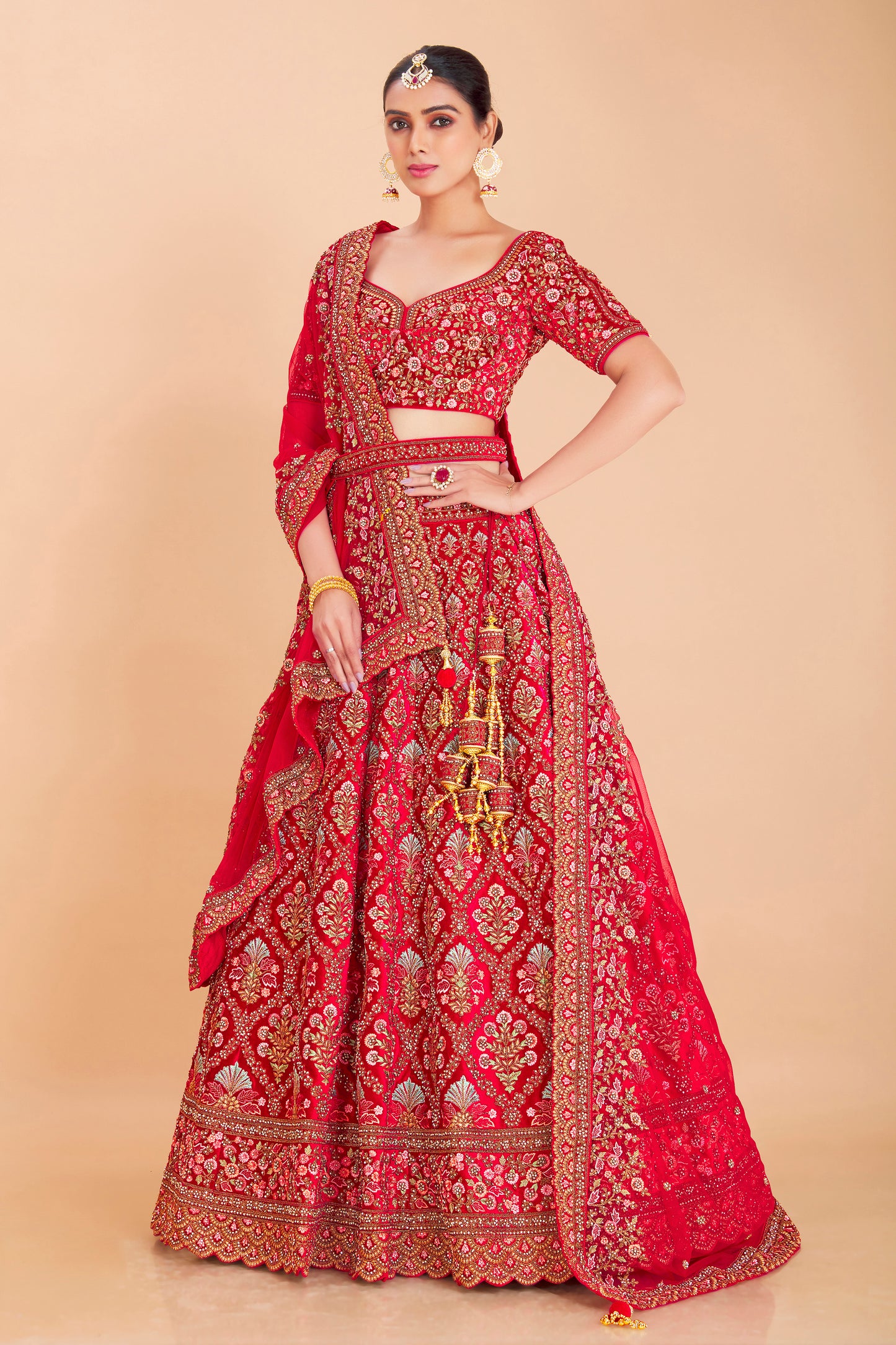 Cherry Red Embroidered Lehenga