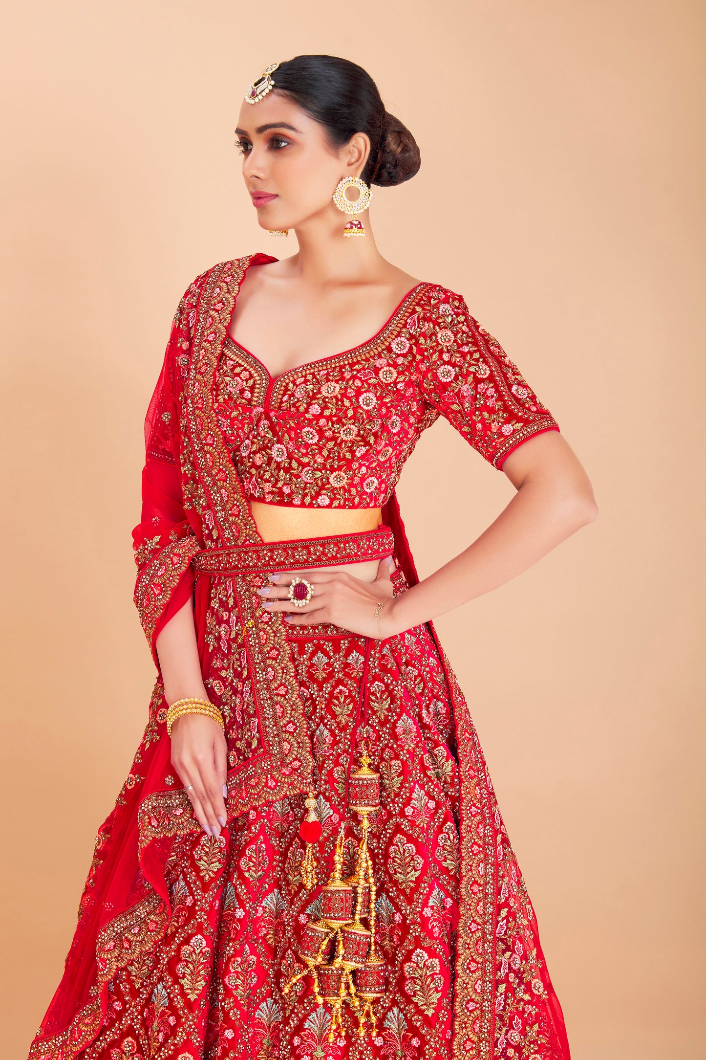 Cherry Red Embroidered Lehenga