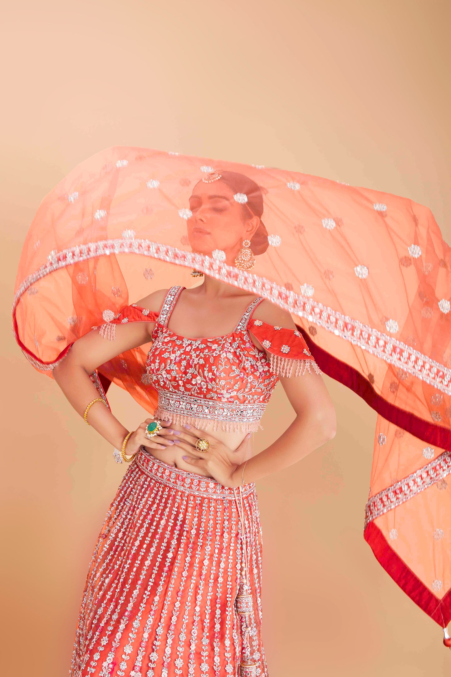 Coral Embroidered Lehenga