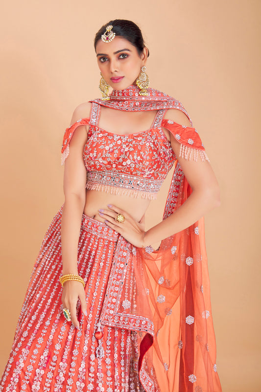 Coral Embroidered Lehenga