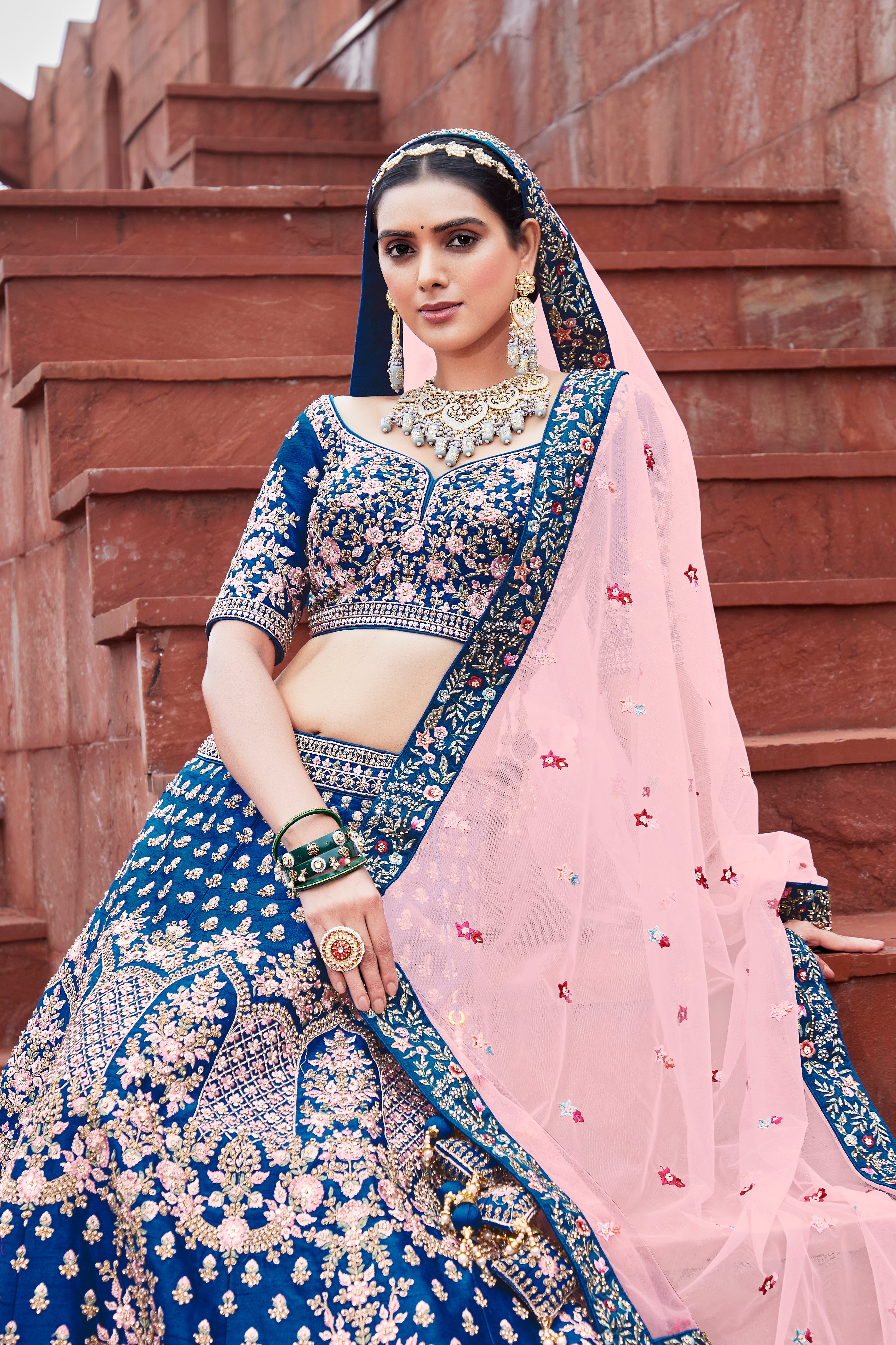 Dark Pink & Teal Blue Velvet Stone-Work Wedding-Wear Bridal Lehenga Choli  With Double Dupatta