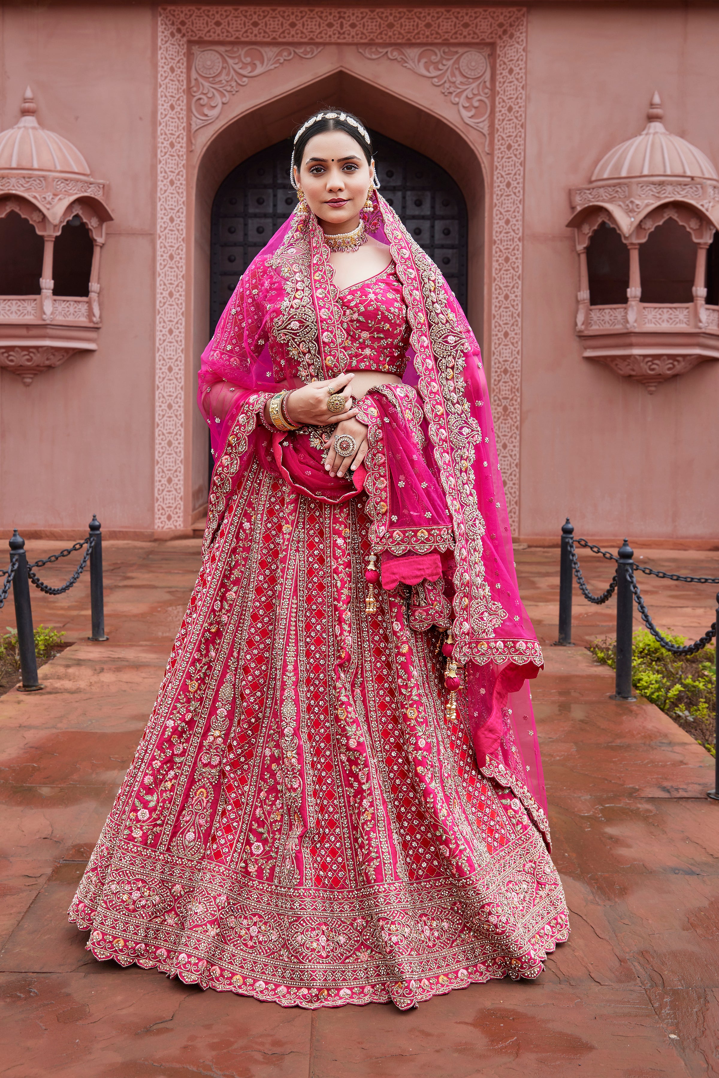 Golden White Banarasi Silk Bridal Lehenga Choli With Pink Dupatta USA –  Sunasa