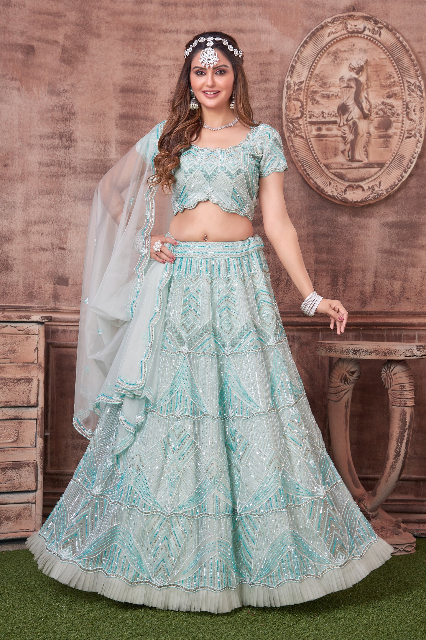 Sky Blue Hand Embroidery Lehenga