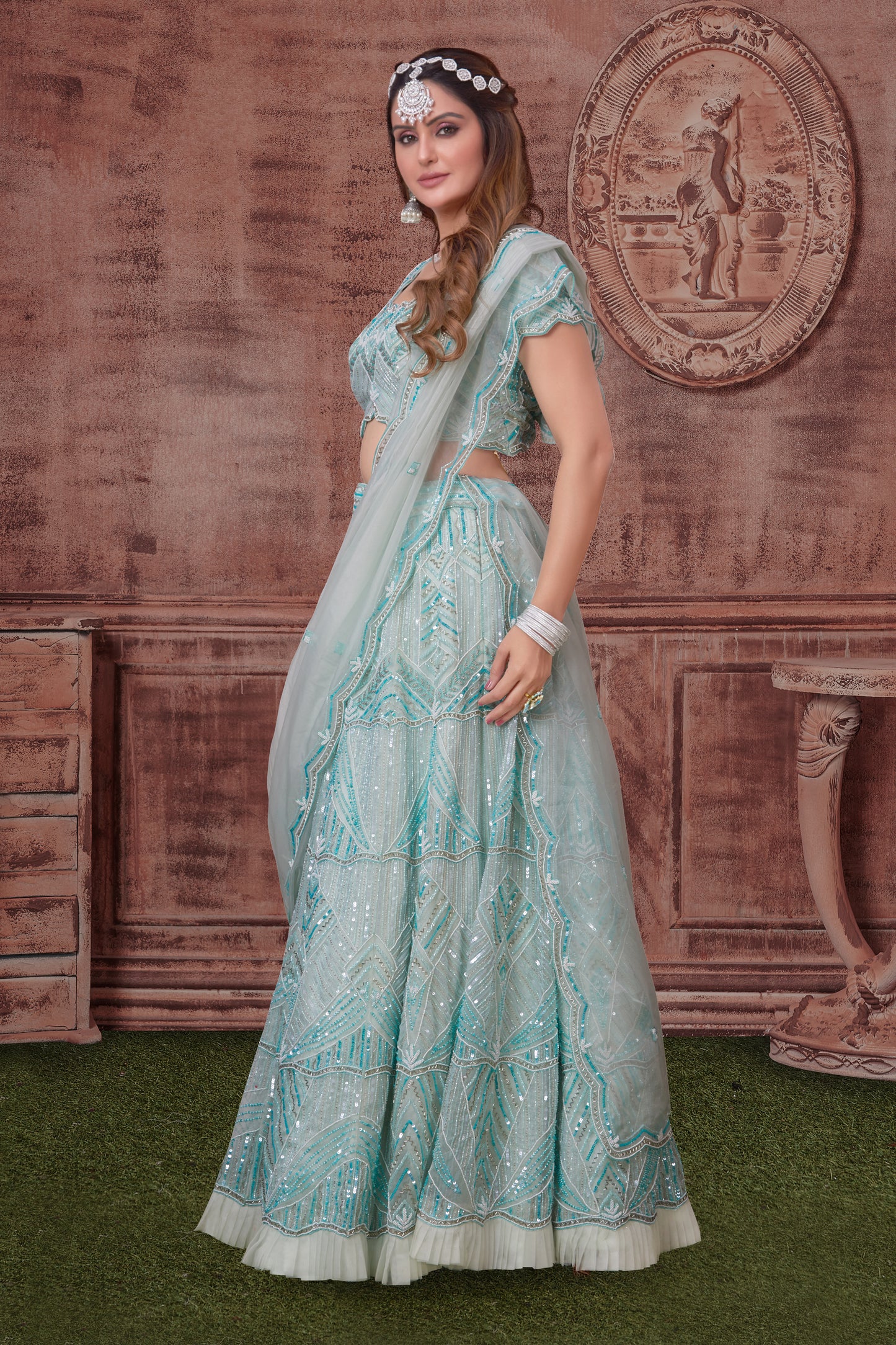 Sky Blue Hand Embroidery Lehenga