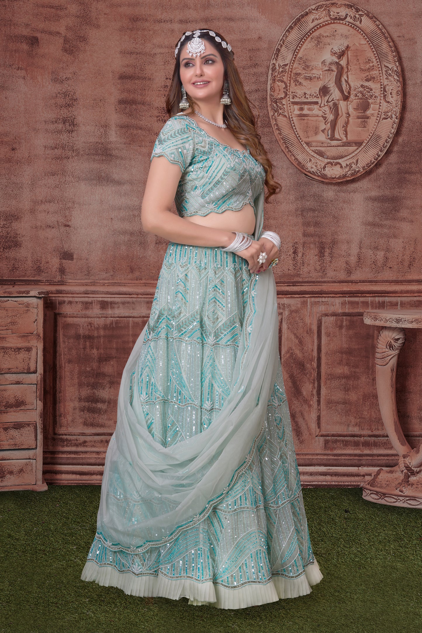 Sky Blue Hand Embroidery Lehenga