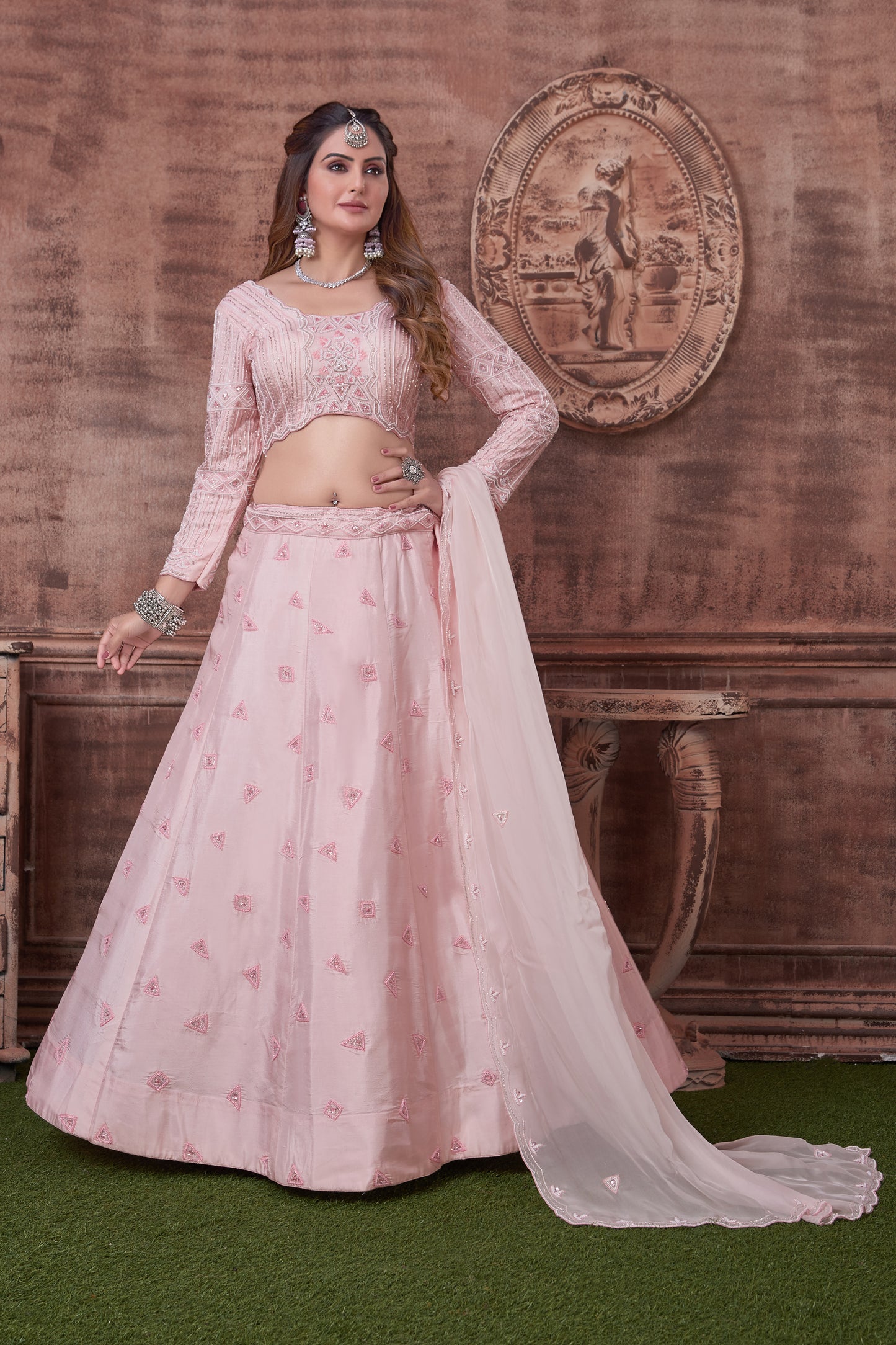 Pastel Pink Hand Embroidery Lehenga