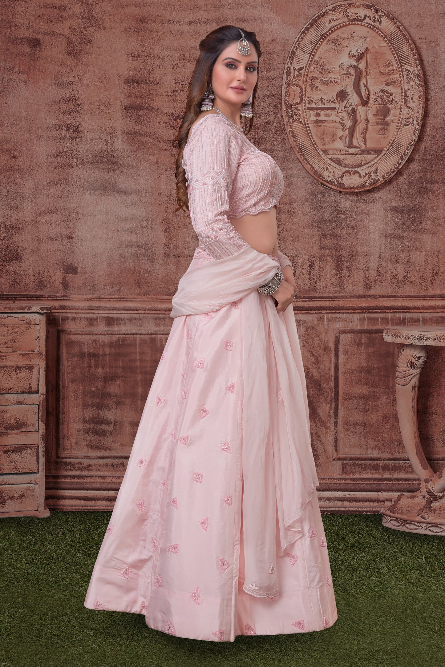 Pastel Pink Hand Embroidery Lehenga