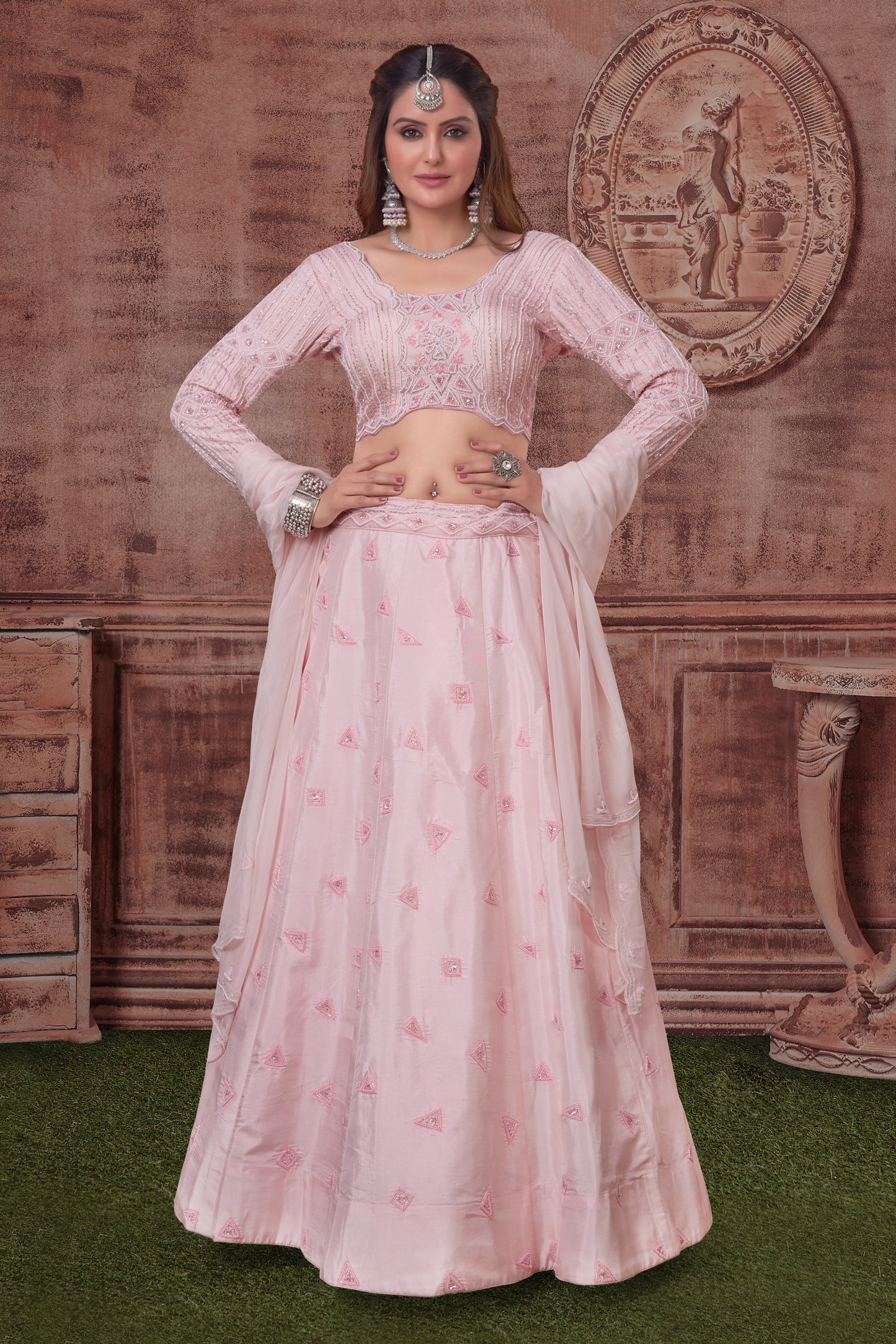 Pastel Pink Hand Embroidery Lehenga