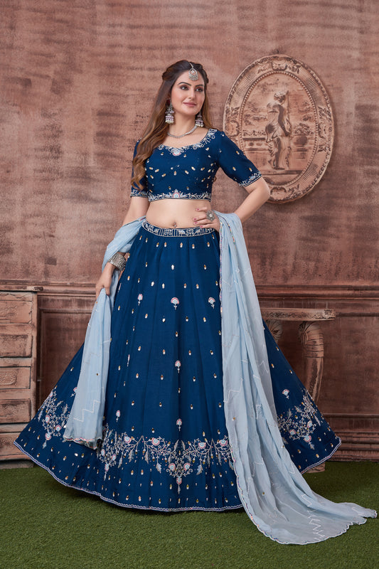 Navy Blue Hand Embroidery Lehenga